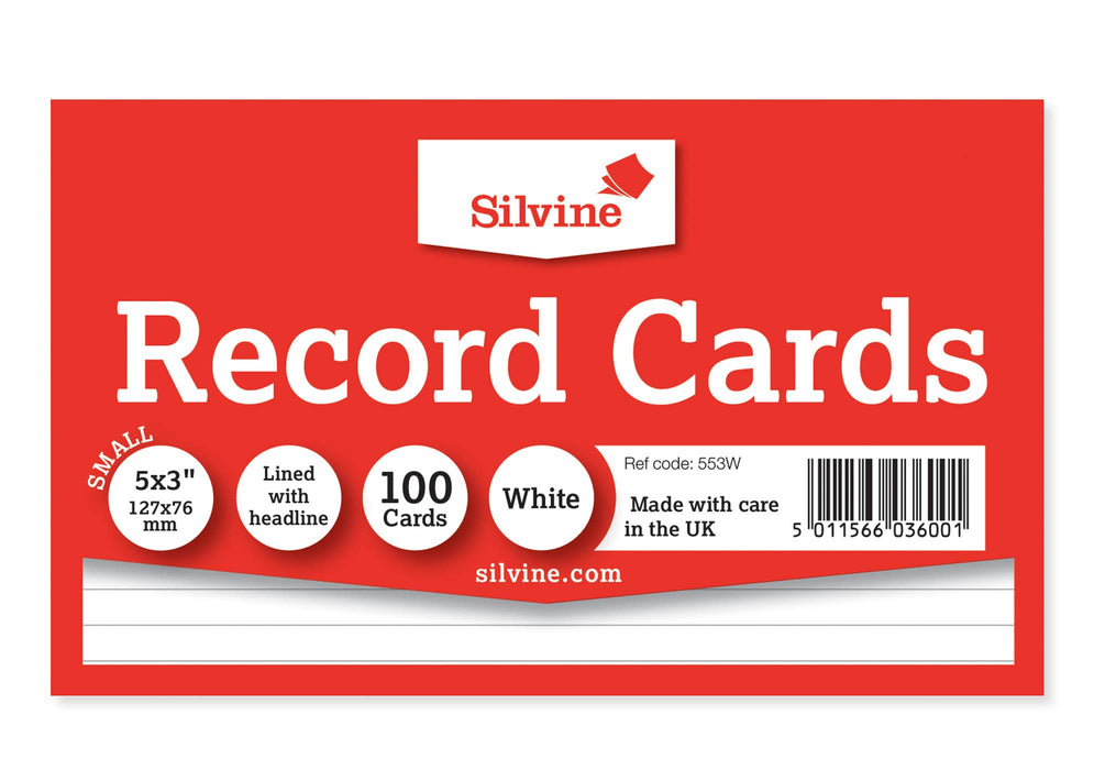 Silvine 5x3" Record Cards - Lined with headline, 100 cards per pack. Ref 553W (127 x 76mm