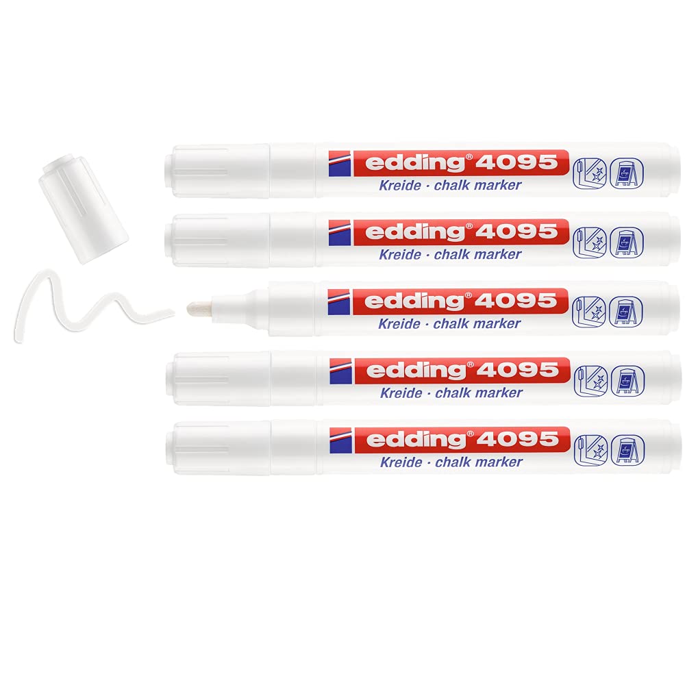 edding 4095 chalk marker pen set - white - 5 chalk pens - round nib 2-3 mm - medium-nib wet wipe pen for chalkboards, windows, glass, mirrors - liquid chalk marker pens for opaque coverage
