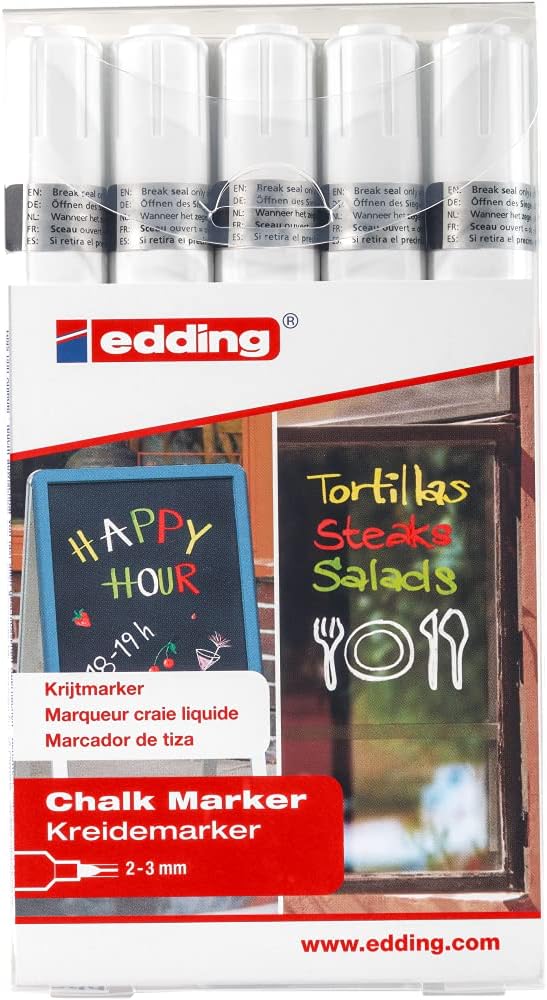 edding 4095 chalk marker pen set - white - 5 chalk pens - round nib 2-3 mm - medium-nib wet wipe pen for chalkboards, windows, glass, mirrors - liquid chalk marker pens for opaque coverage