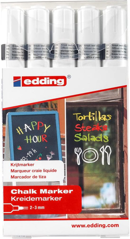 edding 4095 chalk marker pen set - white - 5 chalk pens - round nib 2-3 mm - medium-nib wet wipe pen for chalkboards, windows, glass, mirrors - liquid chalk marker pens for opaque coverage