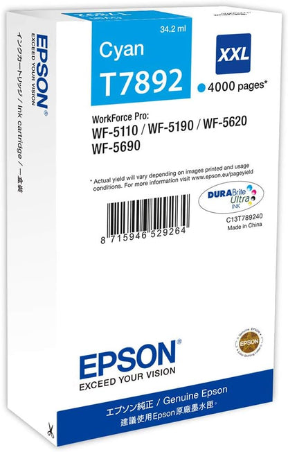 Epson T7892 Cyan Genuine, XXL High Yield Ink Cartridge DuraBrite Ultra