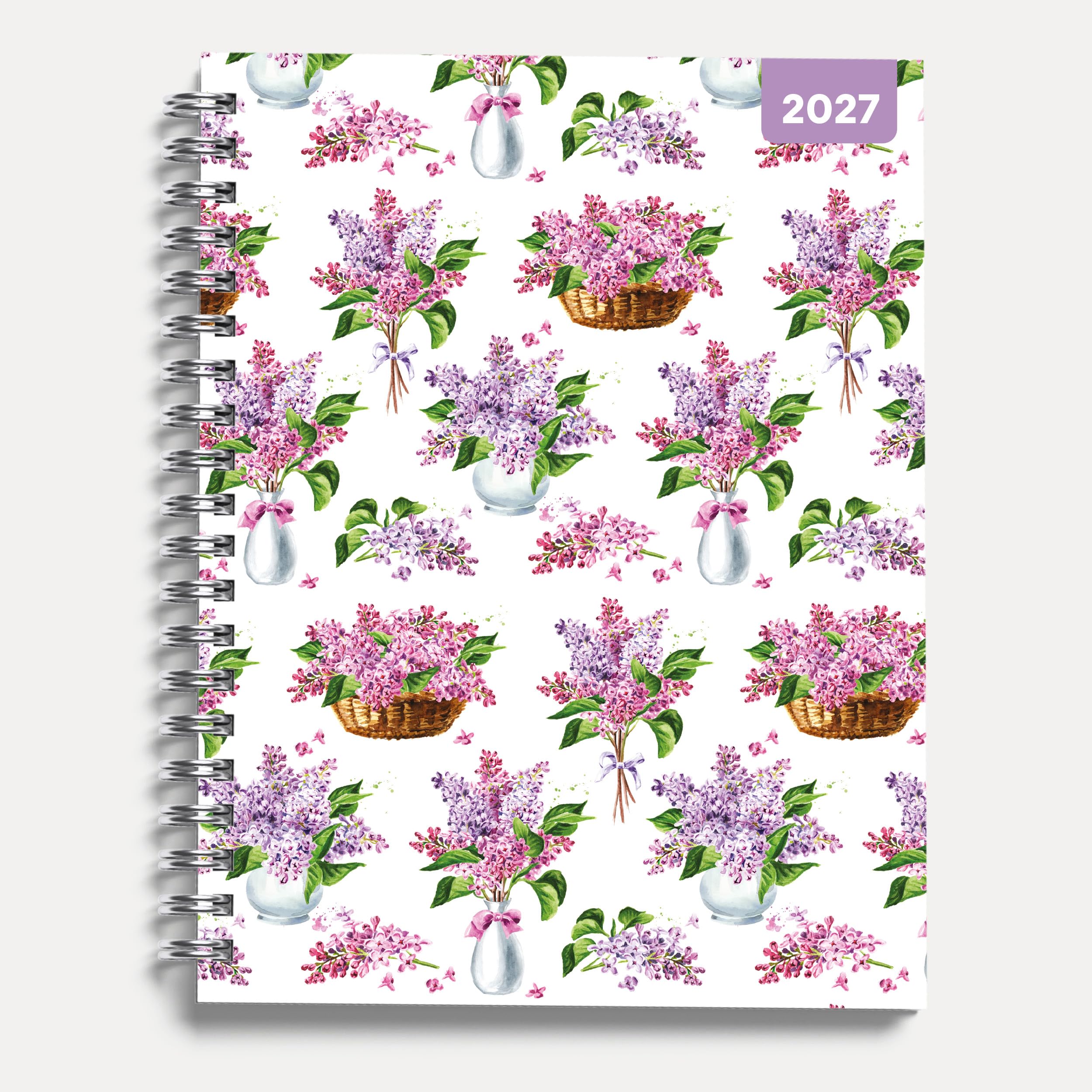 Lilac Flowers 2027 A5 Spiral Diary, Week to View Planner - Hardcover With Elastic Closure, Ribbon Marker - 160mm x 196mm - By Red Robin Publishing