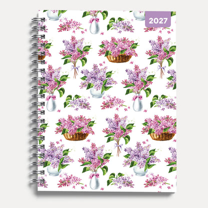 Lilac Flowers 2027 A5 Spiral Diary, Week to View Planner - Hardcover With Elastic Closure, Ribbon Marker - 160mm x 196mm - By Red Robin Publishing