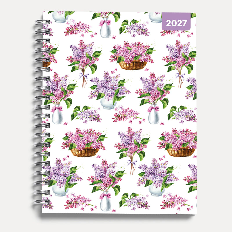 Lilac Flowers 2027 A5 Spiral Diary, Week to View Planner - Hardcover With Elastic Closure, Ribbon Marker - 160mm x 196mm - By Red Robin Publishing