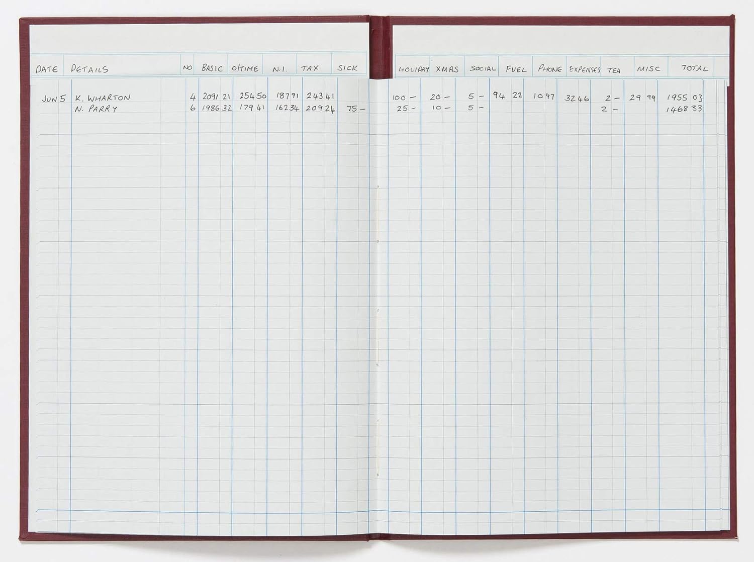 Exacompta - Ref 38/14Z - Guildhall - Headliner Case bound Hardback Account Book, 298 x 203mm, 14 Cash Column, 80 Pages, Tamper-Proof, Precision Ruled 95gsm Ledger Paper - Burgundy