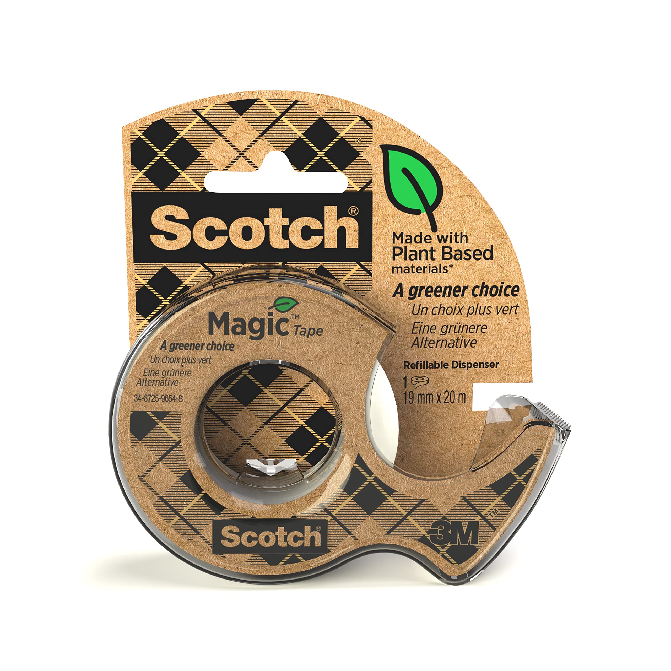 Scotch Magic Green Cinta Adhesiva Invisible, 1 Rollo 19 mm נ33 m en Dispensador 100 % reciclado - Cinta adhesiva Mate para Reparación, Etiquetado y Sellado de Paquetes y Documentos