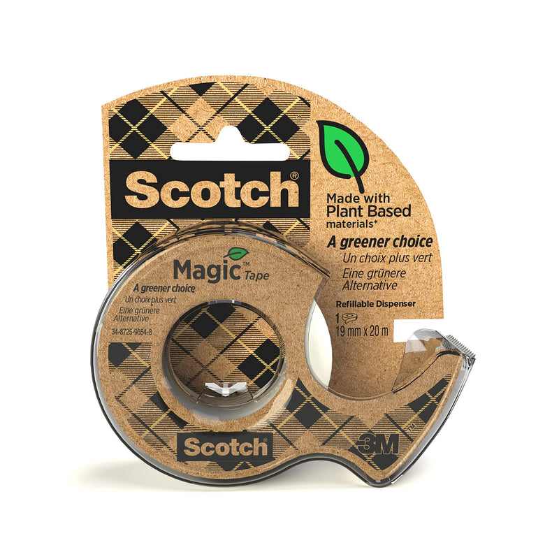 Scotch Magic Green Cinta Adhesiva Invisible, 1 Rollo 19 mm נ33 m en Dispensador 100 % reciclado - Cinta adhesiva Mate para Reparación, Etiquetado y Sellado de Paquetes y Documentos