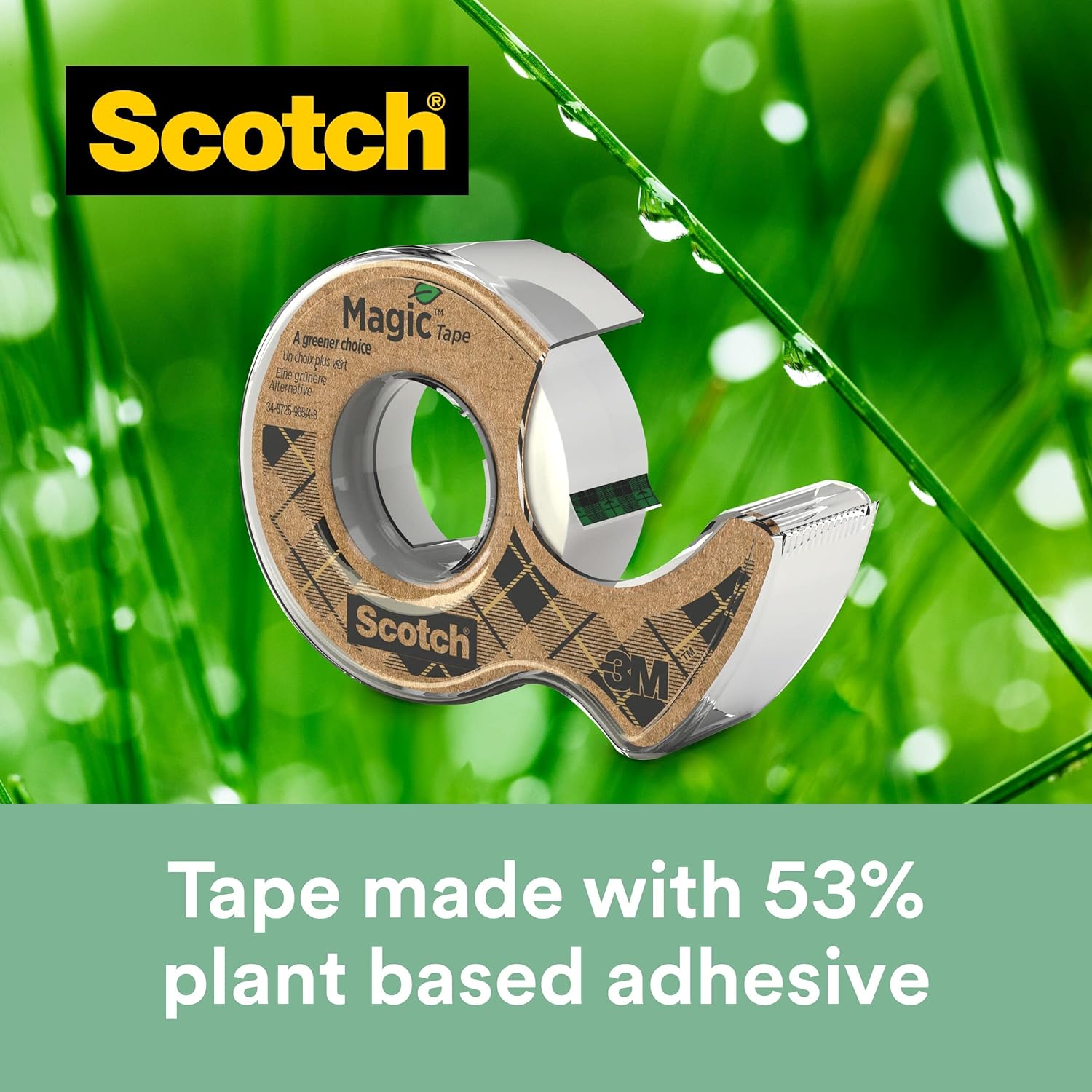 Scotch Magic Green Cinta Adhesiva Invisible, 1 Rollo 19 mm נ33 m en Dispensador 100 % reciclado - Cinta adhesiva Mate para Reparación, Etiquetado y Sellado de Paquetes y Documentos