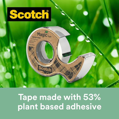 Scotch Magic Green Cinta Adhesiva Invisible, 1 Rollo 19 mm נ33 m en Dispensador 100 % reciclado - Cinta adhesiva Mate para Reparación, Etiquetado y Sellado de Paquetes y Documentos