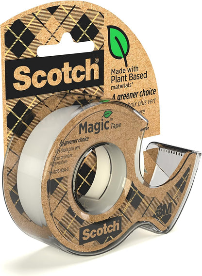 Scotch Magic Green Cinta Adhesiva Invisible, 1 Rollo 19 mm נ33 m en Dispensador 100 % reciclado - Cinta adhesiva Mate para Reparación, Etiquetado y Sellado de Paquetes y Documentos