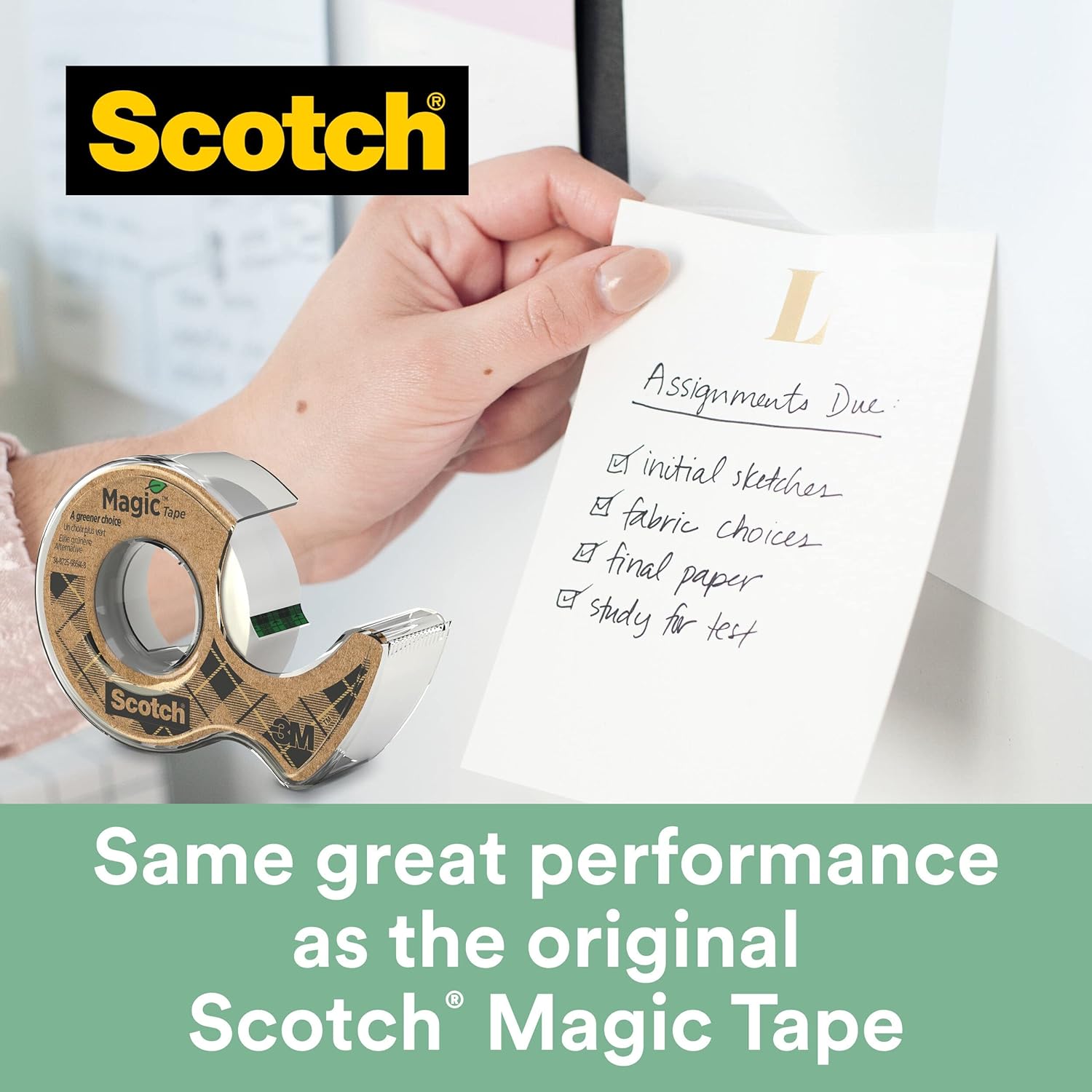 Scotch Magic Green Cinta Adhesiva Invisible, 1 Rollo 19 mm נ33 m en Dispensador 100 % reciclado - Cinta adhesiva Mate para Reparación, Etiquetado y Sellado de Paquetes y Documentos