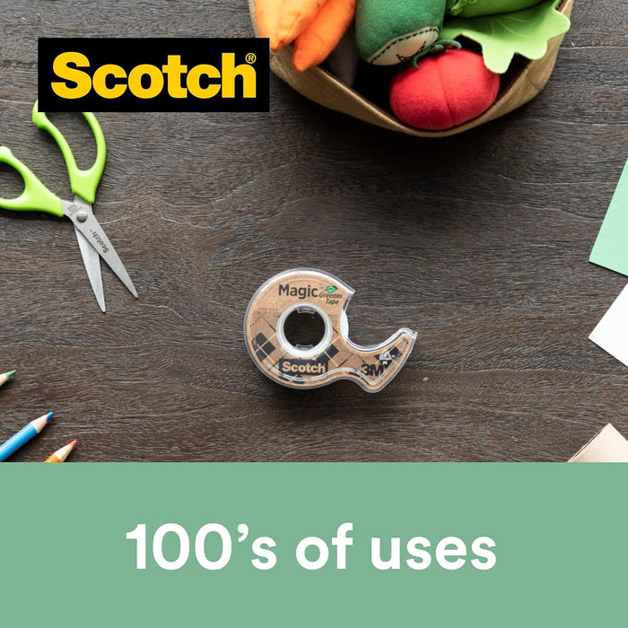 Scotch Magic Green Cinta Adhesiva Invisible, 1 Rollo 19 mm נ33 m en Dispensador 100 % reciclado - Cinta adhesiva Mate para Reparación, Etiquetado y Sellado de Paquetes y Documentos