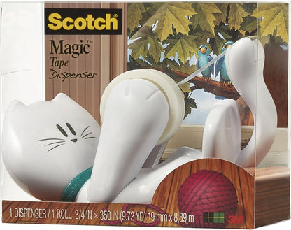 Scotch Cat Tape Dispenser with 1 Roll of Scotch Magic Tape - Holds Tape up to 19 mm Wide x 8.89 m Long - Cute Stationery Sets and Cute Gifts - White