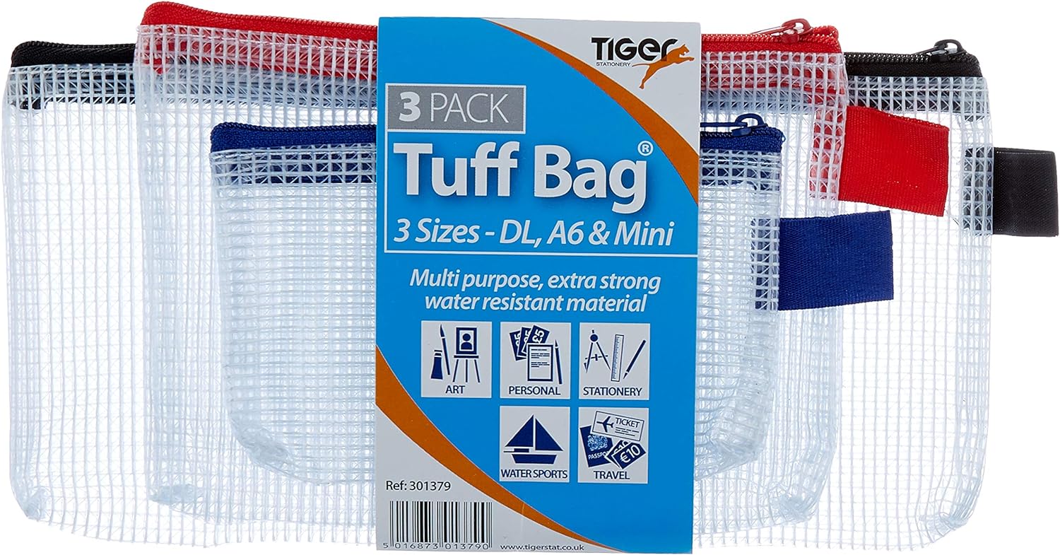 Tiger - Tiger Tuff Bag Polypropylene Triple Pack of A6 Mini and DL 500 Micron Clear with Assorted Colour Zips (Pack 3) - 301379