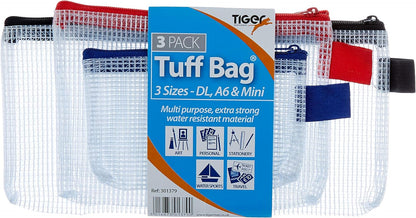 Tiger - Tiger Tuff Bag Polypropylene Triple Pack of A6 Mini and DL 500 Micron Clear with Assorted Colour Zips (Pack 3) - 301379