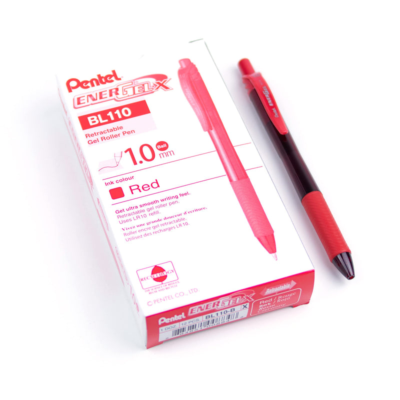 Pentel BL110-BX 1.0 mm Energel Retractable Gel Rollerball Pen - Red (Pack of 12