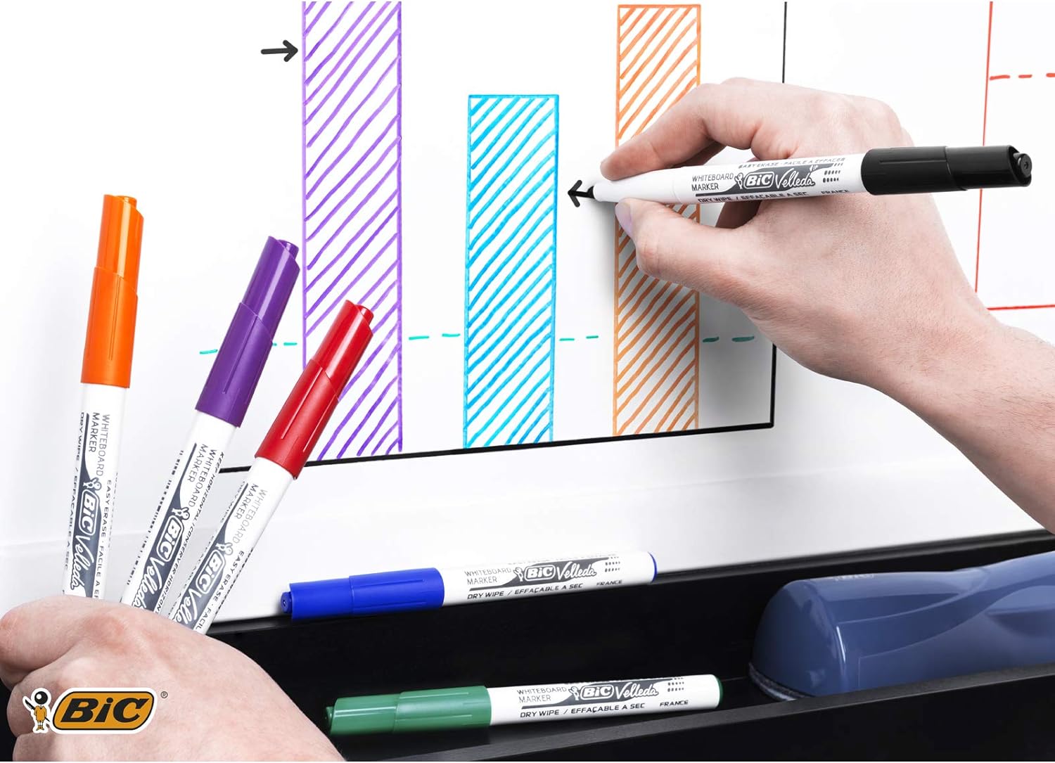 BIC Velleda, Whiteboard Marker Pens, Medium Point, Assorted Colours in Durable Pouch, Pack of 8 Markers