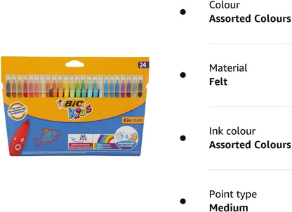 Bic Kids Kid Couleur Medium Tip Ultra Washable Water-Based Felt Tip Pen (Assorted Colours) Wallet of 24