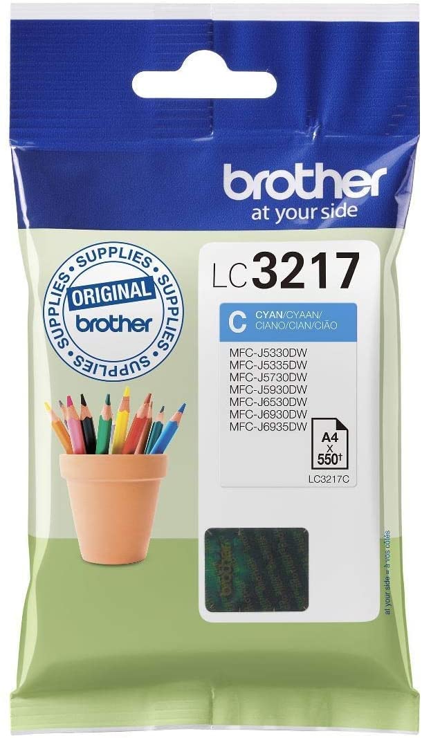 Brother LC3217C, Cartucho de tinta cian original para las impresoras MFCJ5330DW, MFCJ5730DW, MFCJ5930DW, MFCJ6530DW, MFCJ6930DW y MFCJ6935DW, Duración estimada hasta 550 páginas (ISO/IE 24711)