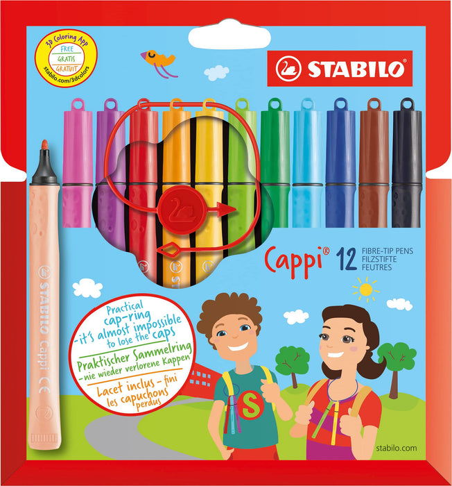 STABILO Filzstift mit Kappenring Cappi - 12er Pack - mit 12 verschiedenen Farben