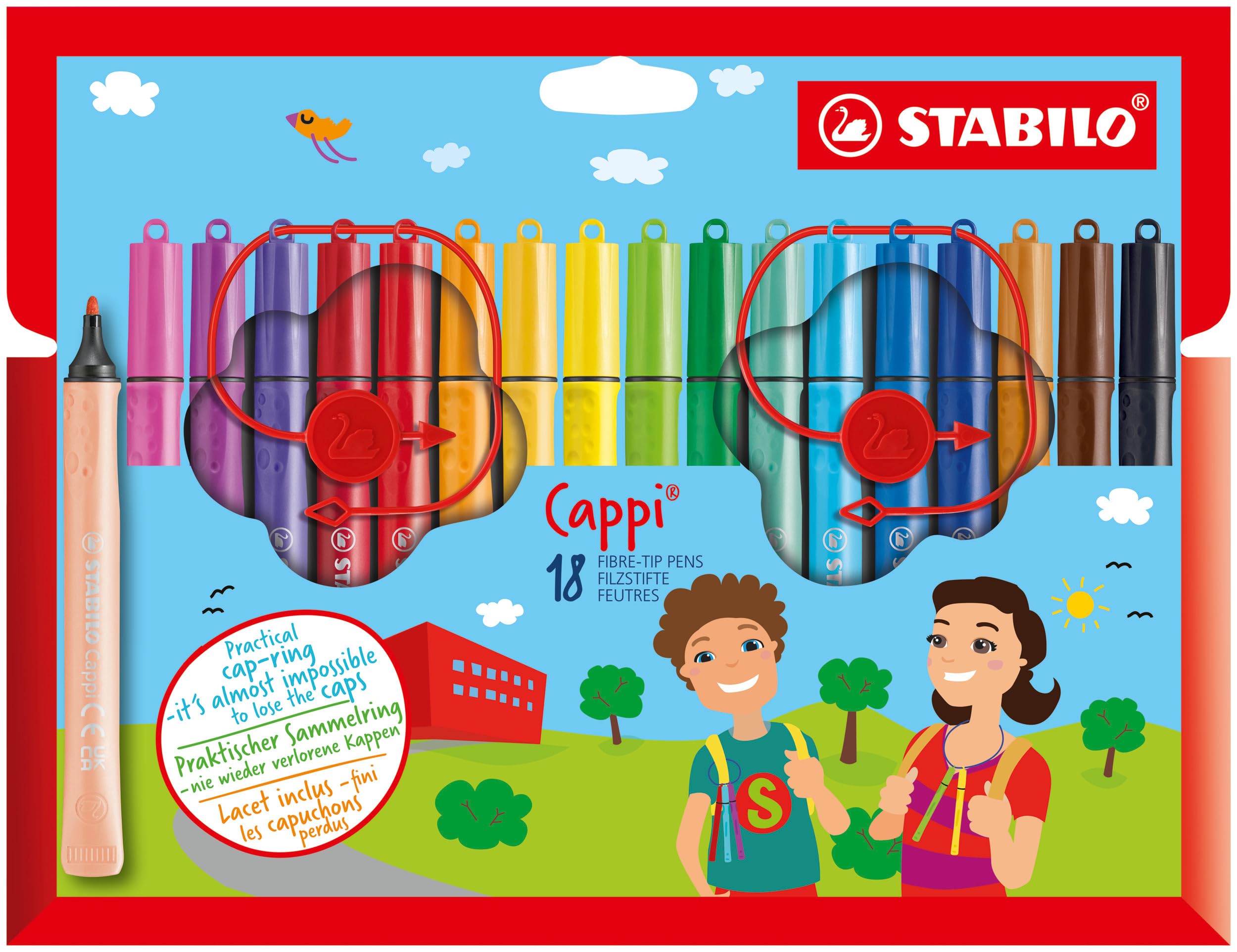STABILO Filzstift mit Kappenring Cappi - 18er Pack - mit 18 verschiedenen Farben