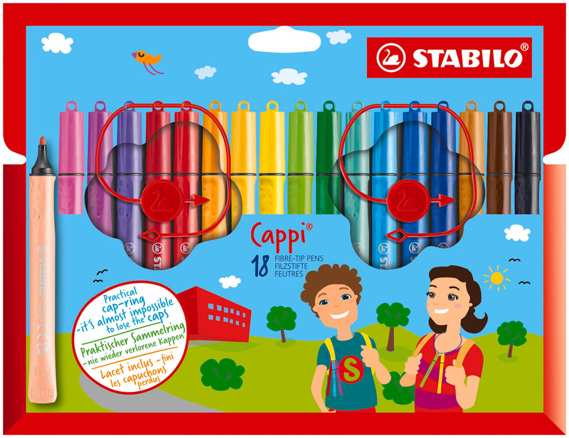 STABILO Filzstift mit Kappenring Cappi - 18er Pack - mit 18 verschiedenen Farben