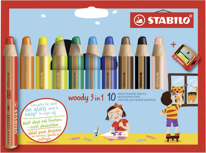 Multi-Talented Pencil - STABILO woody 3 in 1 - Pack of 10 - Assorted Colours with Sharpener