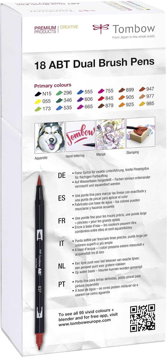 Tombow ABT Dual Brush Pen - Primary Colours (Pack of 18