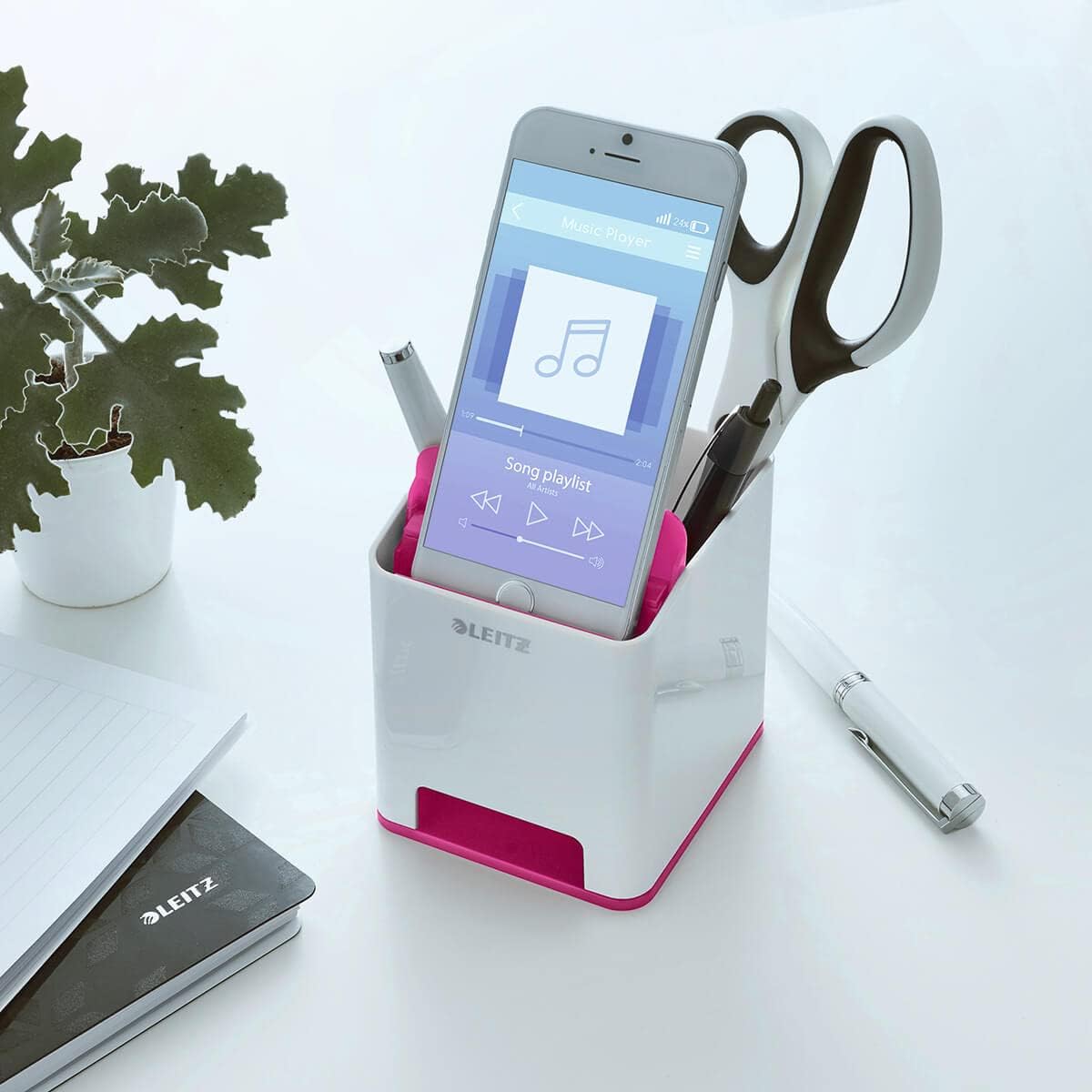 Leitz Cubilete Sound, Amplificador de sonido para teléfono, Blanco/Rosa metalizado, WOW, 53631023