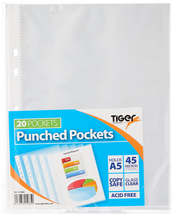 Tiger A5 strong transparent poly punched pockets x 20 sleeves/wallets 1 Transparent
