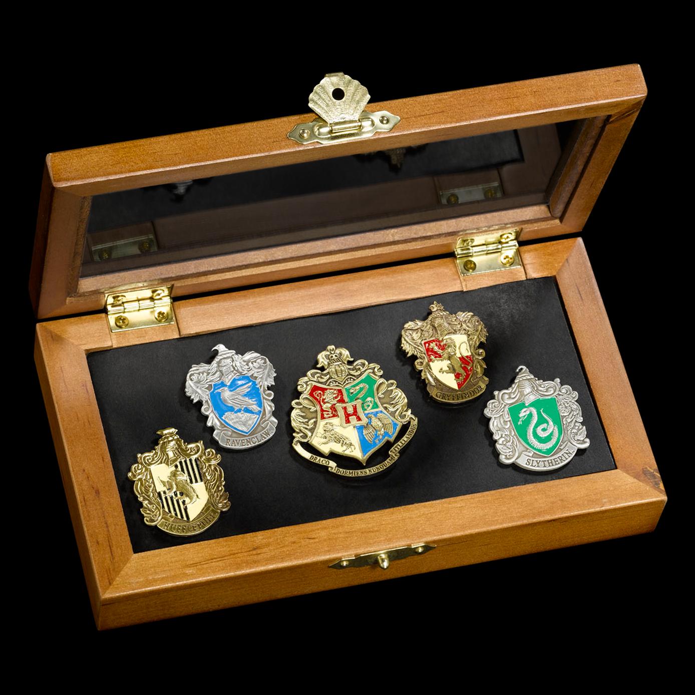 Hogwarts House Pins by The Noble Collection - Set of 5 Metal, Hand-Enamelled House Pin Badges Supplied in a Wooden Display Case - Officially Licensed Harry Potter Movie Collectable