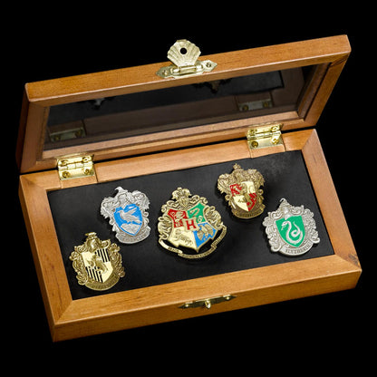 Hogwarts House Pins by The Noble Collection - Set of 5 Metal, Hand-Enamelled House Pin Badges Supplied in a Wooden Display Case - Officially Licensed Harry Potter Movie Collectable