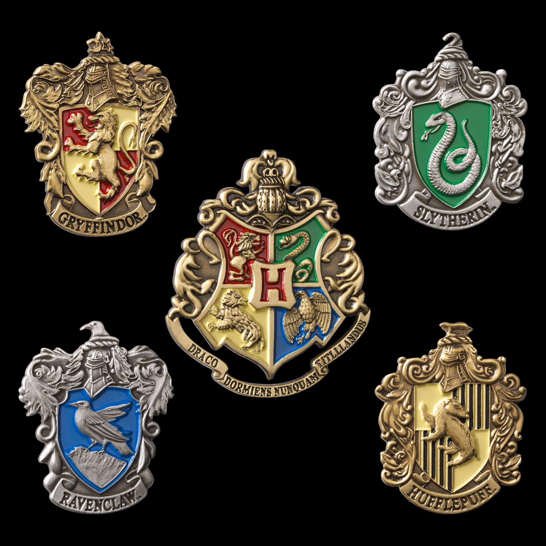 Hogwarts House Pins by The Noble Collection - Set of 5 Metal, Hand-Enamelled House Pin Badges Supplied in a Wooden Display Case - Officially Licensed Harry Potter Movie Collectable