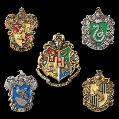 Hogwarts House Pins by The Noble Collection - Set of 5 Metal, Hand-Enamelled House Pin Badges Supplied in a Wooden Display Case - Officially Licensed Harry Potter Movie Collectable