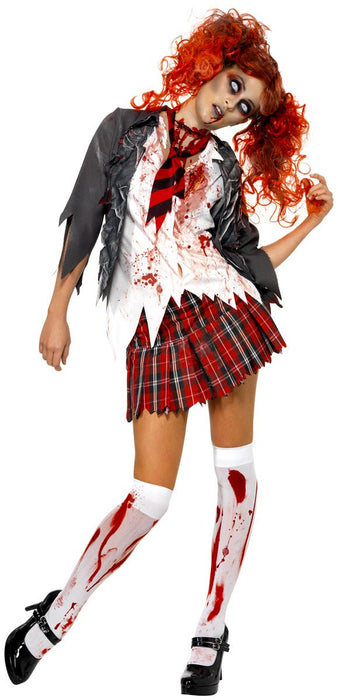 Smiffys High School Horror Zombie Schoolgirl Costume, Grey with Jacket, Attached Shirt, Tie & Skirt, Halloween Zombie Alley Fancy Dress, Zombie Dress Up Costumes