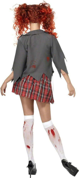 Smiffys High School Horror Zombie Schoolgirl Costume, Grey with Jacket, Attached Shirt, Tie & Skirt, Halloween Zombie Alley Fancy Dress, Zombie Dress Up Costumes