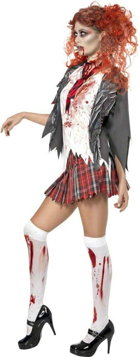 Smiffys High School Horror Zombie Schoolgirl Costume, Grey with Jacket, Attached Shirt, Tie & Skirt, Halloween Zombie Alley Fancy Dress, Zombie Dress Up Costumes