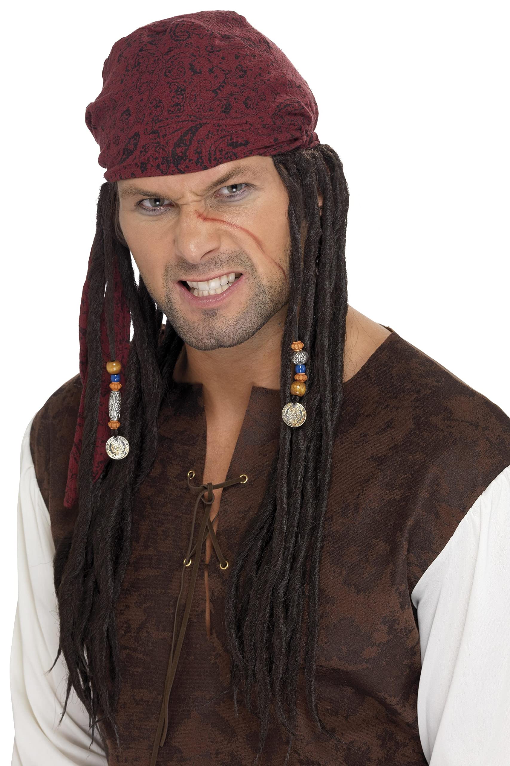 Smiffys Pirate Bandanna with Plaits, Brown