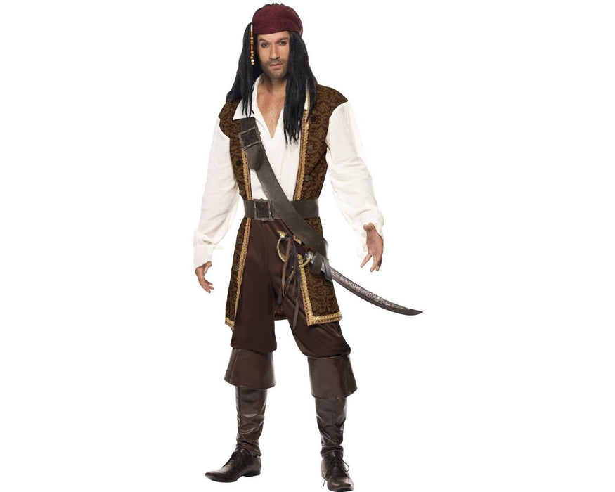 Smiffys High Seas Pirate Costume, Brown Top, Short Trousers, Baldric, Belt & Headscarf, Pirate Fancy Dress, Pirate Dress Up Costumes