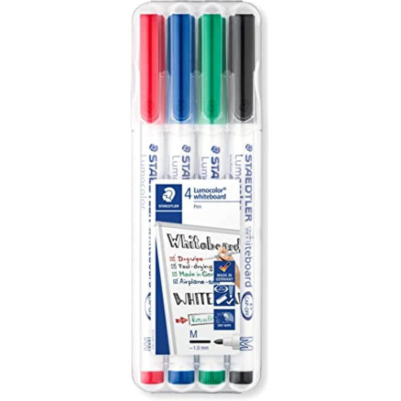 STAEDTLER Whiteboard pen Lumocolor, Rundspitze ca. 1 mm Linienbreite, trocken und rückstandsfrei abwischbar von Whiteboards, hohe Qualität Made in Germany, Set mit 4 brillanten Farben, 301 WP4