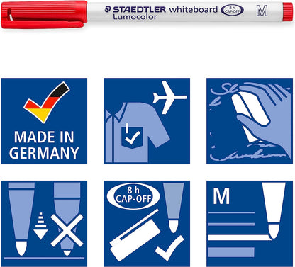 STAEDTLER Whiteboard pen Lumocolor, Rundspitze ca. 1 mm Linienbreite, trocken und rückstandsfrei abwischbar von Whiteboards, hohe Qualität Made in Germany, Set mit 4 brillanten Farben, 301 WP4