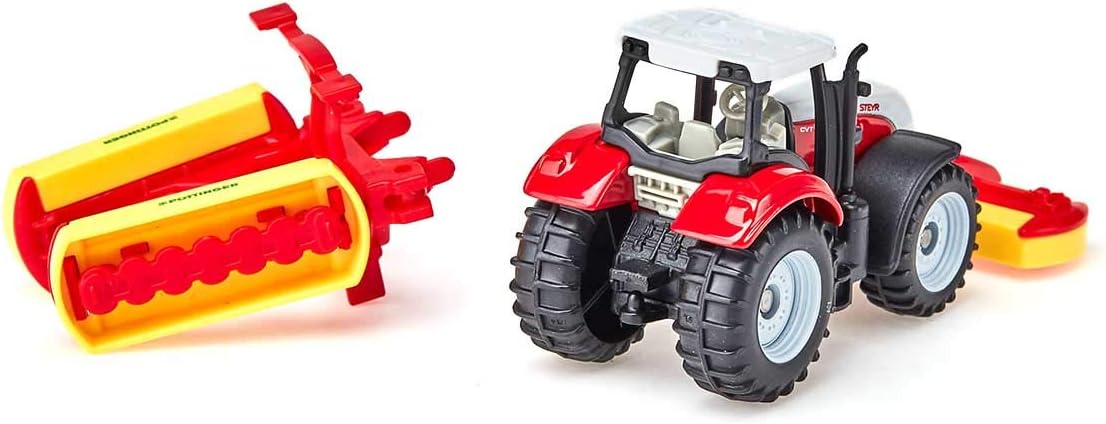 siku 1672, Steyr Tractor with Pöttinger Combination Mower, Metal,Plastic, Red, Toy vehicle for children