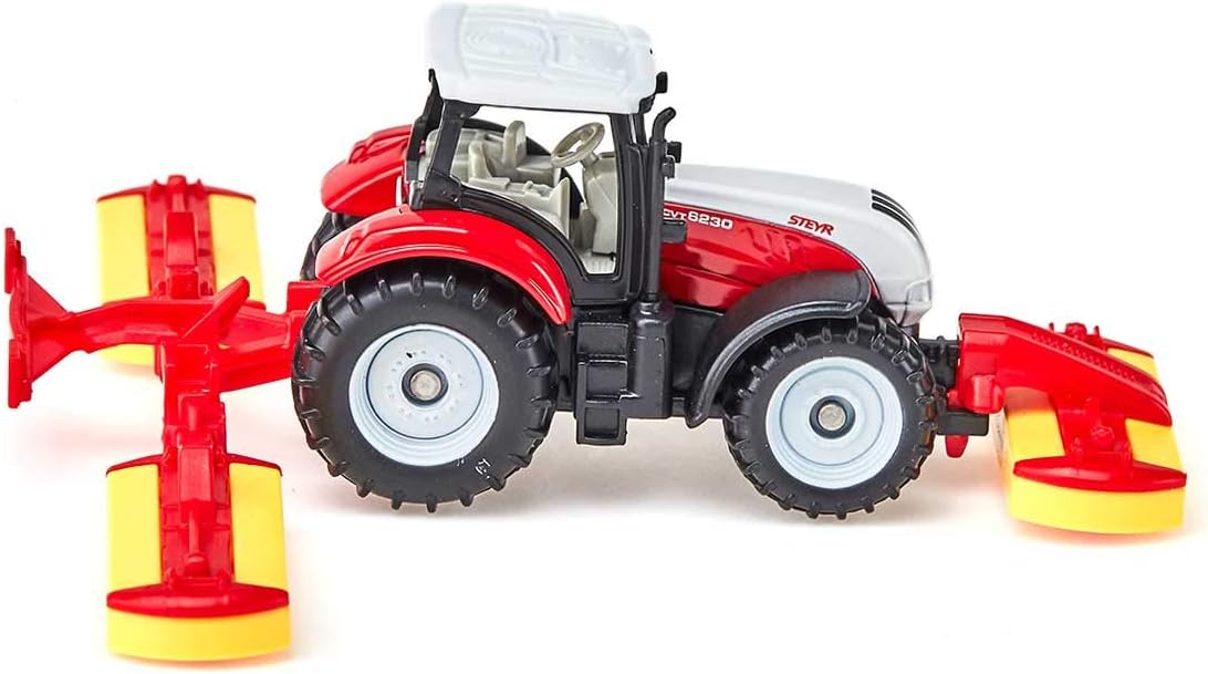 siku 1672, Steyr Tractor with Pöttinger Combination Mower, Metal,Plastic, Red, Toy vehicle for children
