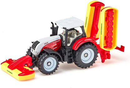 siku 1672, Steyr Tractor with Pöttinger Combination Mower, Metal,Plastic, Red, Toy vehicle for children