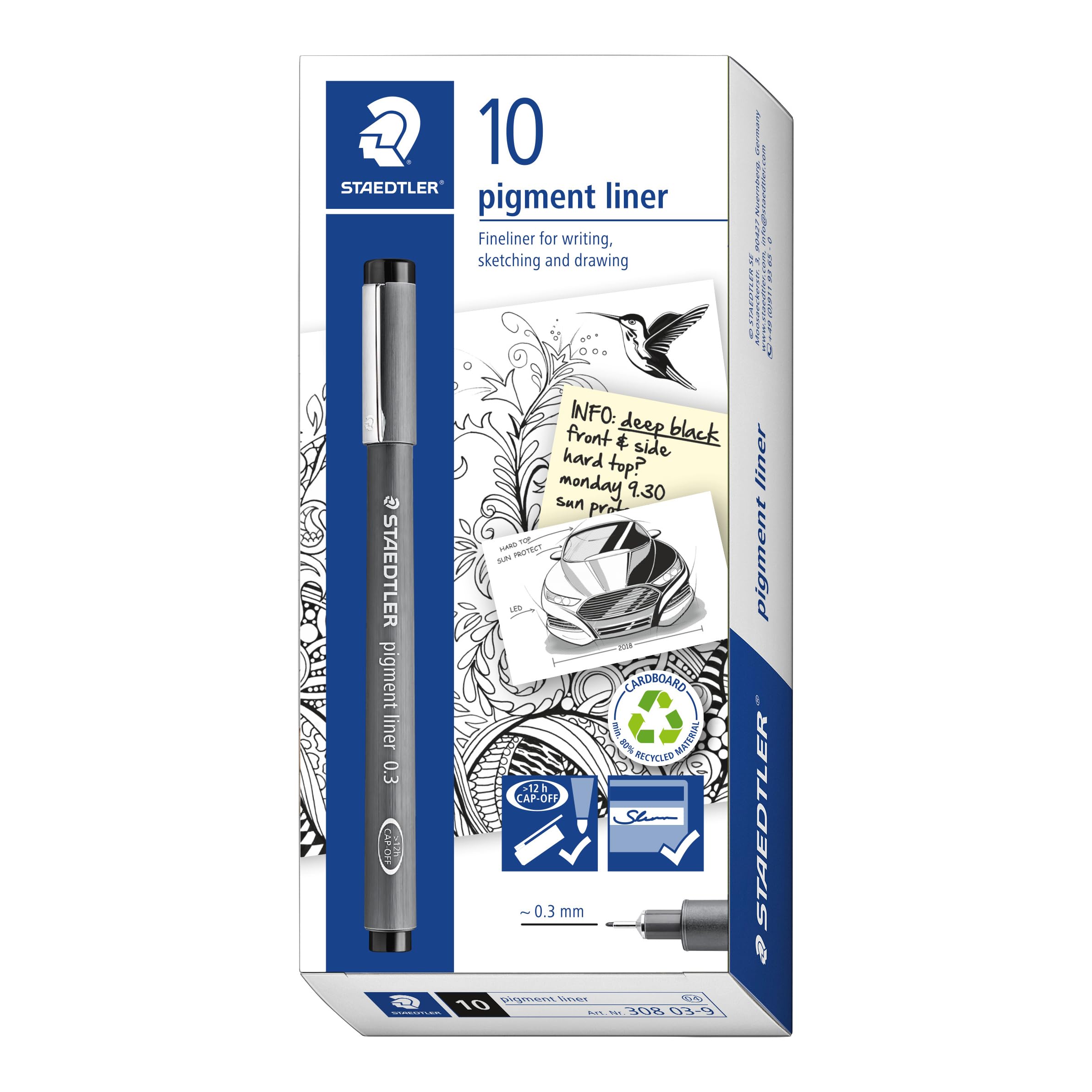 STAEDTLER 308 03-9 Pigment Liner Fineliner Pen for Writing & Technical Drawing - Black, 0.3mm (Box of 10