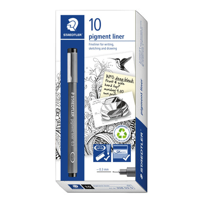 STAEDTLER 308 03-9 Pigment Liner Fineliner Pen for Writing & Technical Drawing - Black, 0.3mm (Box of 10