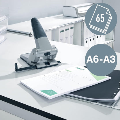 Leitz Heavy Duty Hole Punch, 65 Sheets, Guide Bar with Format Markings, Metal, 51800084