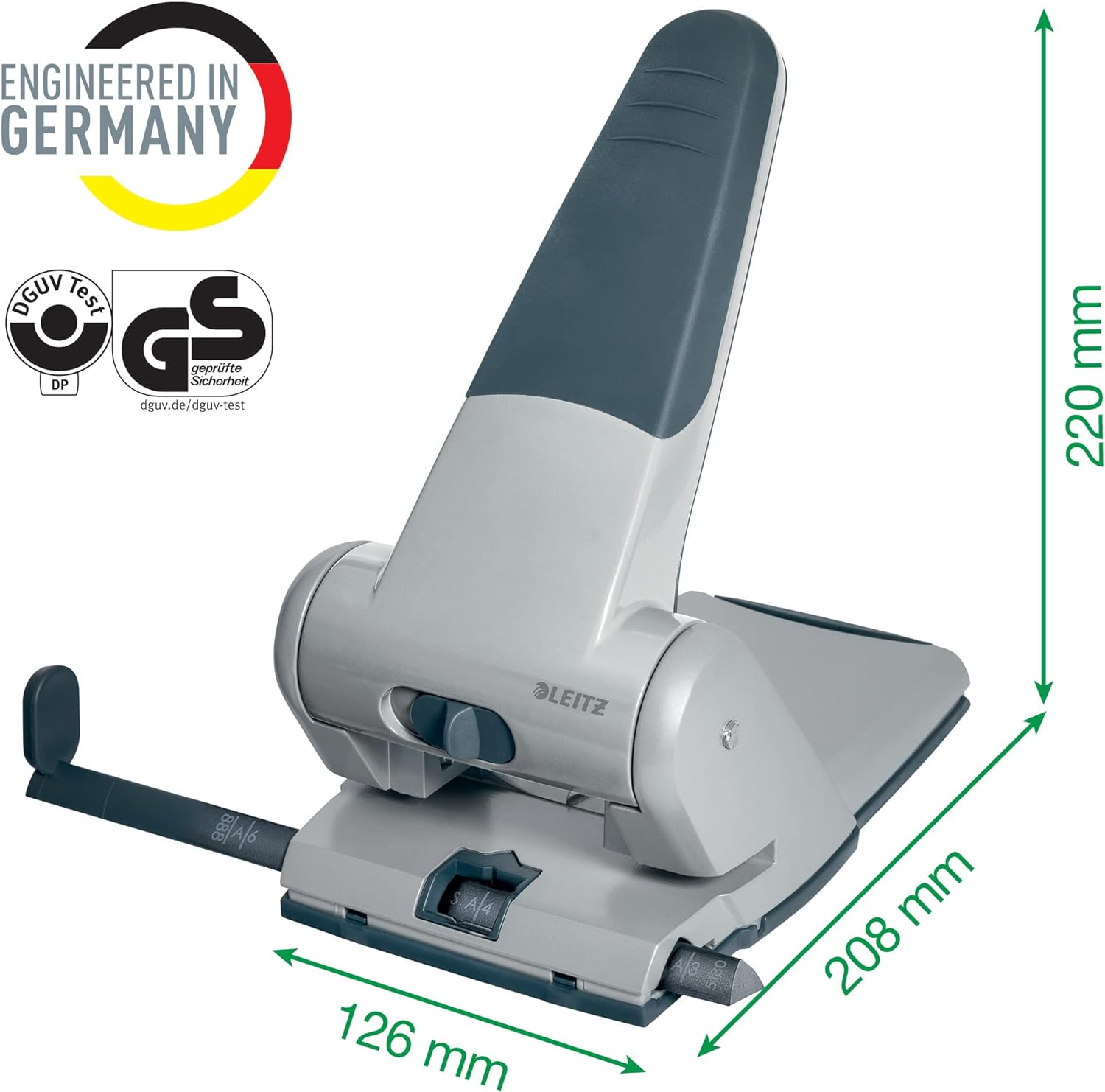 Leitz Heavy Duty Hole Punch, 65 Sheets, Guide Bar with Format Markings, Metal, 51800084