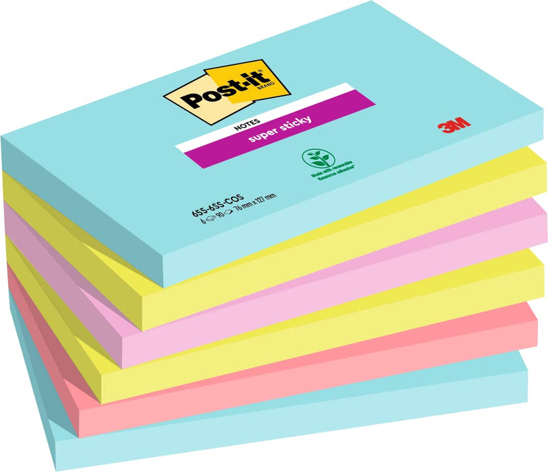 Post-it Super Sticky Notes Cosmic Color Collection, Pack of 6 Pads, 90 Sheets per Pad, 76 mm x 127 mm, Turquoise, Green, Pink Colors - Extra Sticky Notes For Note Taking, To Do Lists & Reminders