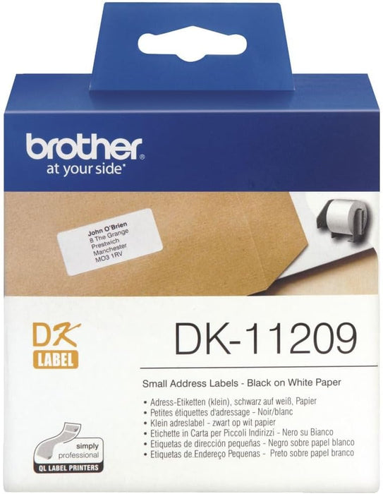 Brother DK-11209 Label Roll, Small Address Labels, Black on White, 800 Labels, Small Address Labels (29 x 62 mm) Brother Genuine Supplies